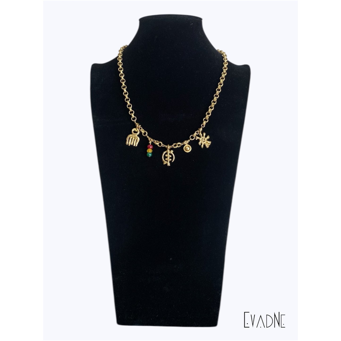 Adinkra statement necklace with Duafe Gye Nyame and Ananse Ntontan charms