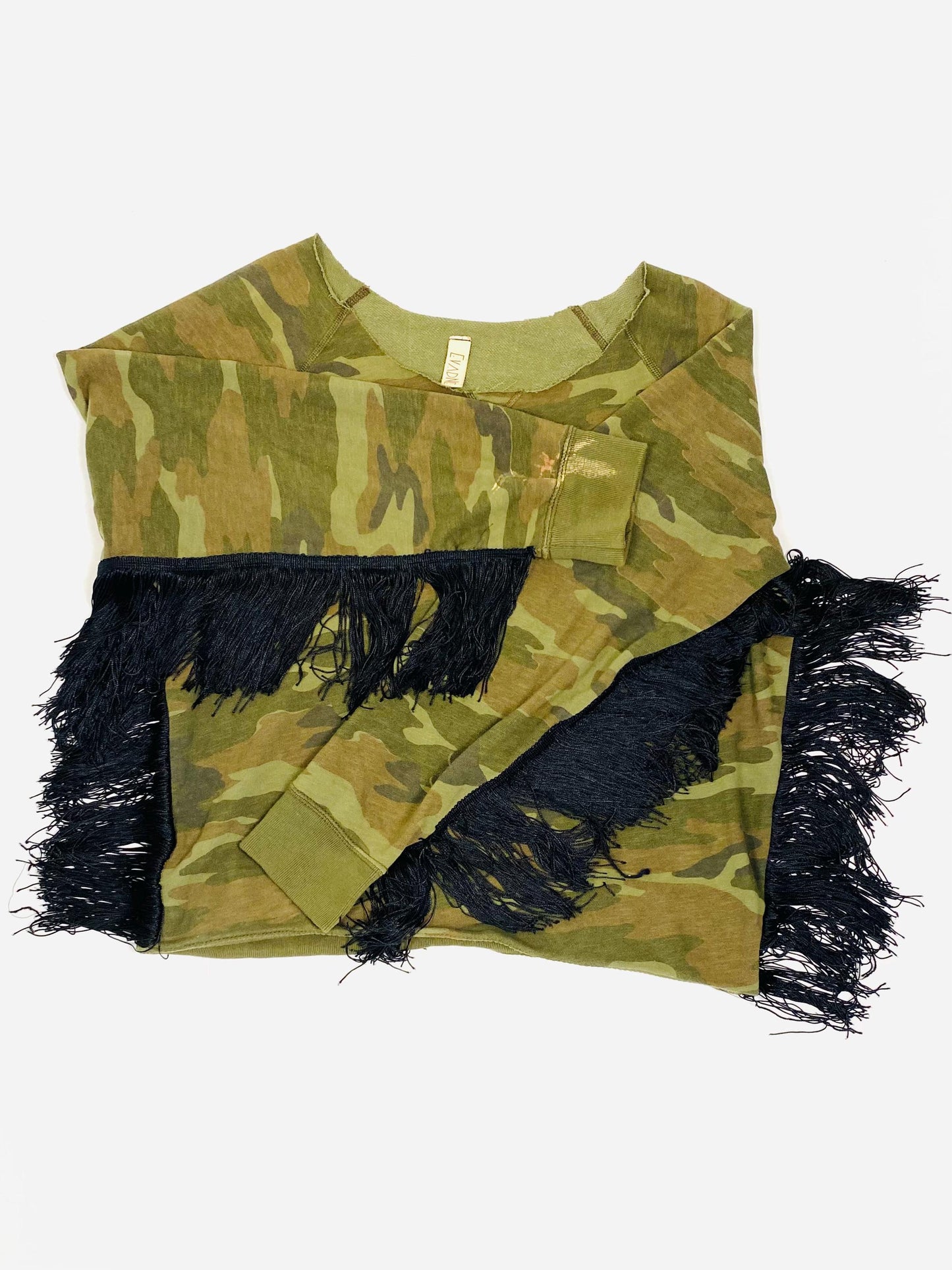 Fringed off the shoulder Camo sweatshirt