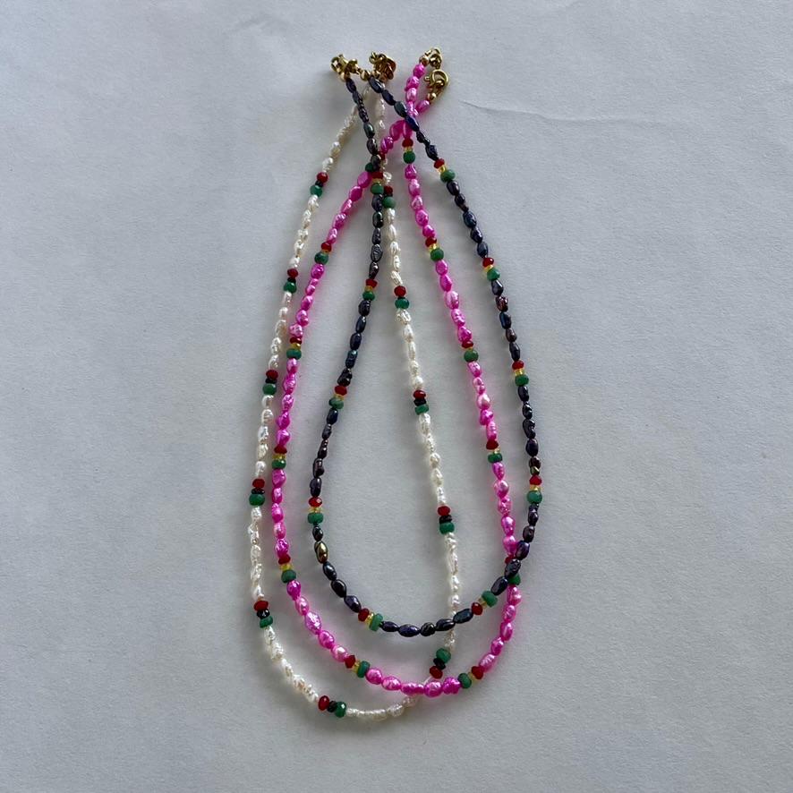 Dainty Rasta Necklace with Black Pearls + Precious Gems