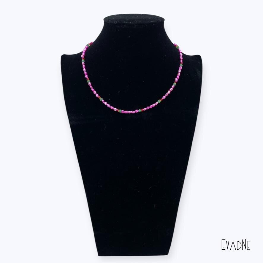 Dainty Rasta Necklace with Pink Pearls + Precious Gems