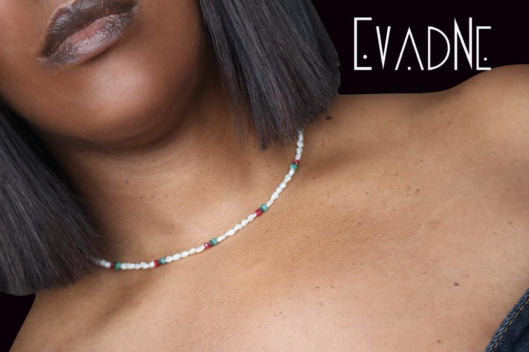 Dainty RBG Necklace with white Pearls + Precious Gems