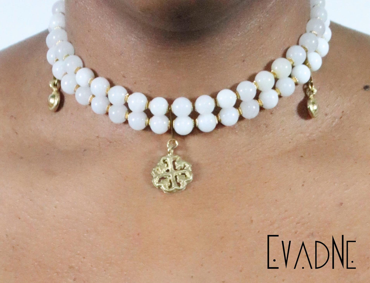 Nyame double strand choker — White Jade & God's Protection Charm