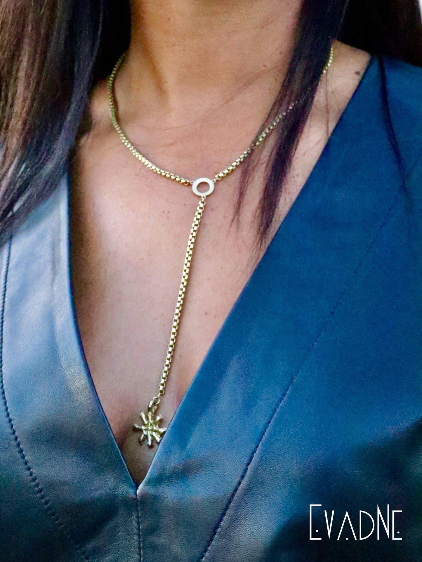 Balance Beam Necklace -- Brass Lariat + Adinkra Ananse charm