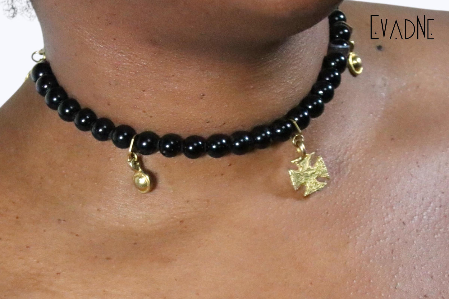 Divine Fortune Choker -- Black Tourmaline + Adinkra Mmusuyidee charm