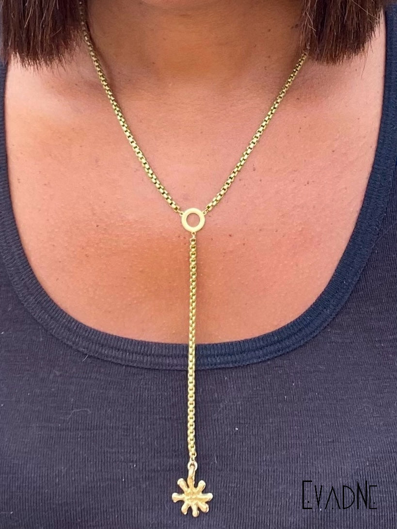 Balance Beam Necklace -- Brass Lariat + Adinkra  Ananse charm