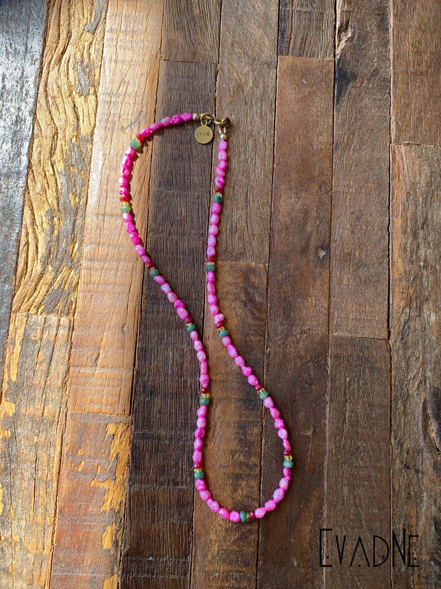 Dainty Rasta Necklace with Pink Pearls + Precious Gems