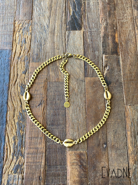 Brass Cuban link choker with cowrie shell charms