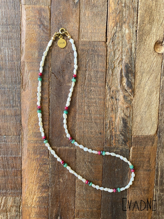 Dainty RBG Necklace with white Pearls + Precious Gems