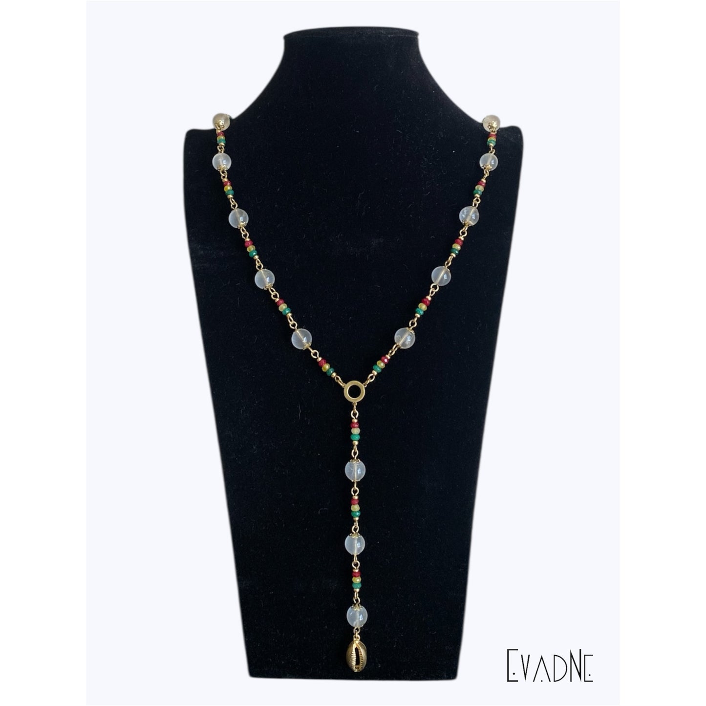 brass capped clear quartz beads with red gold green jade accents
