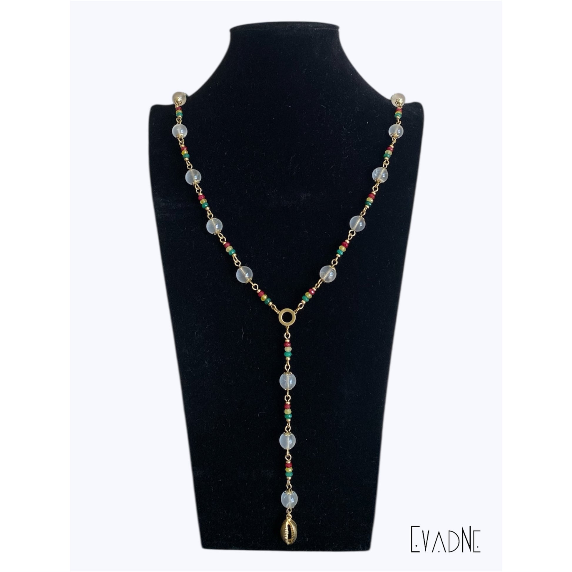 brass capped clear quartz beads with red gold green jade accents