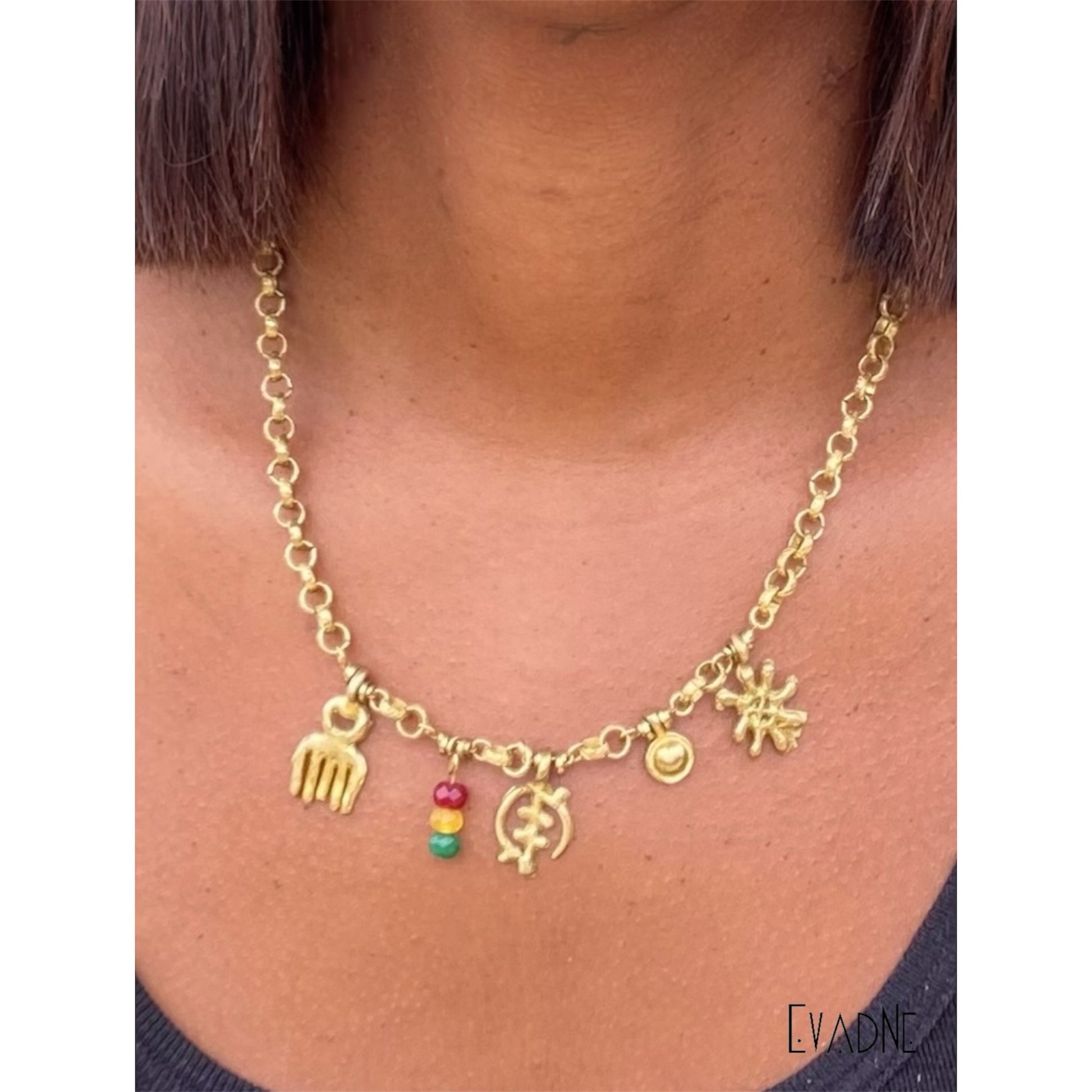brass Adinkra charms Duafe Ananse Ntontan Gye Nyame on rolo chain