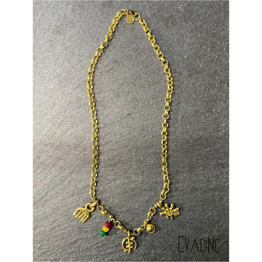 Adinkra statement necklace with Duafe Gye Nyame and Ananse Ntontan charms