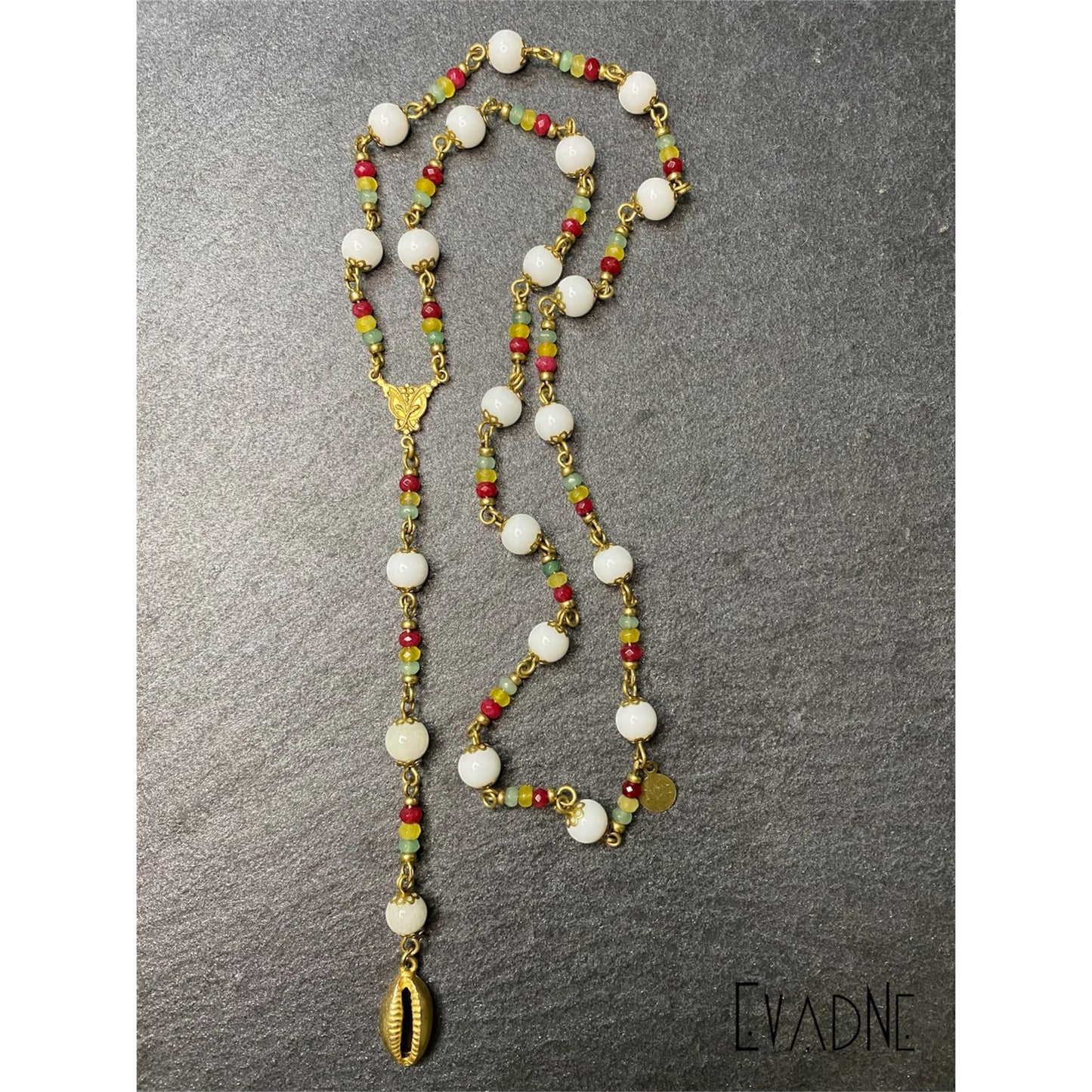 white agate rosary necklace with Rasta jade and cowrie shell