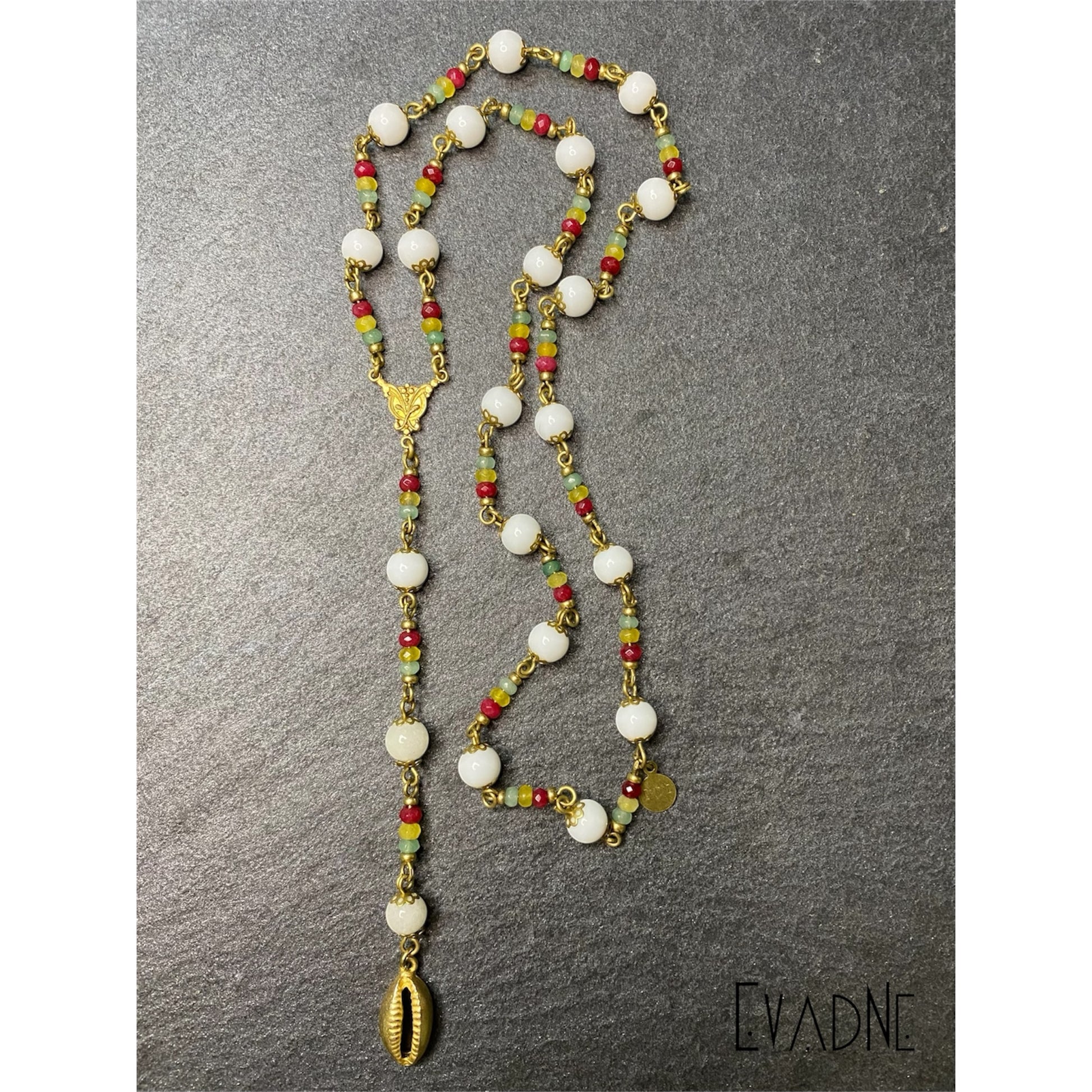 white agate rosary necklace with Rasta jade and cowrie shell