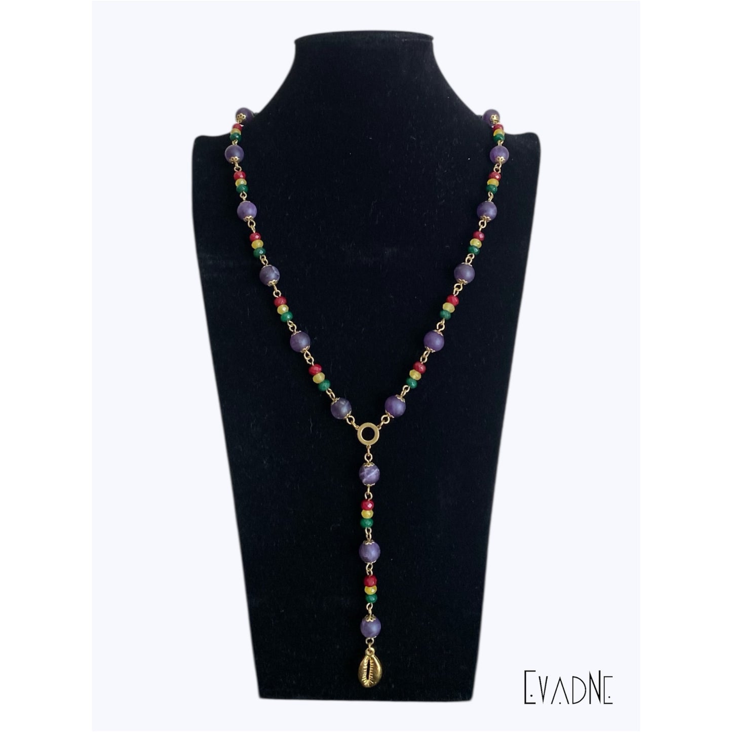 10mm brass capped amethyst beads with red gold green jade accents