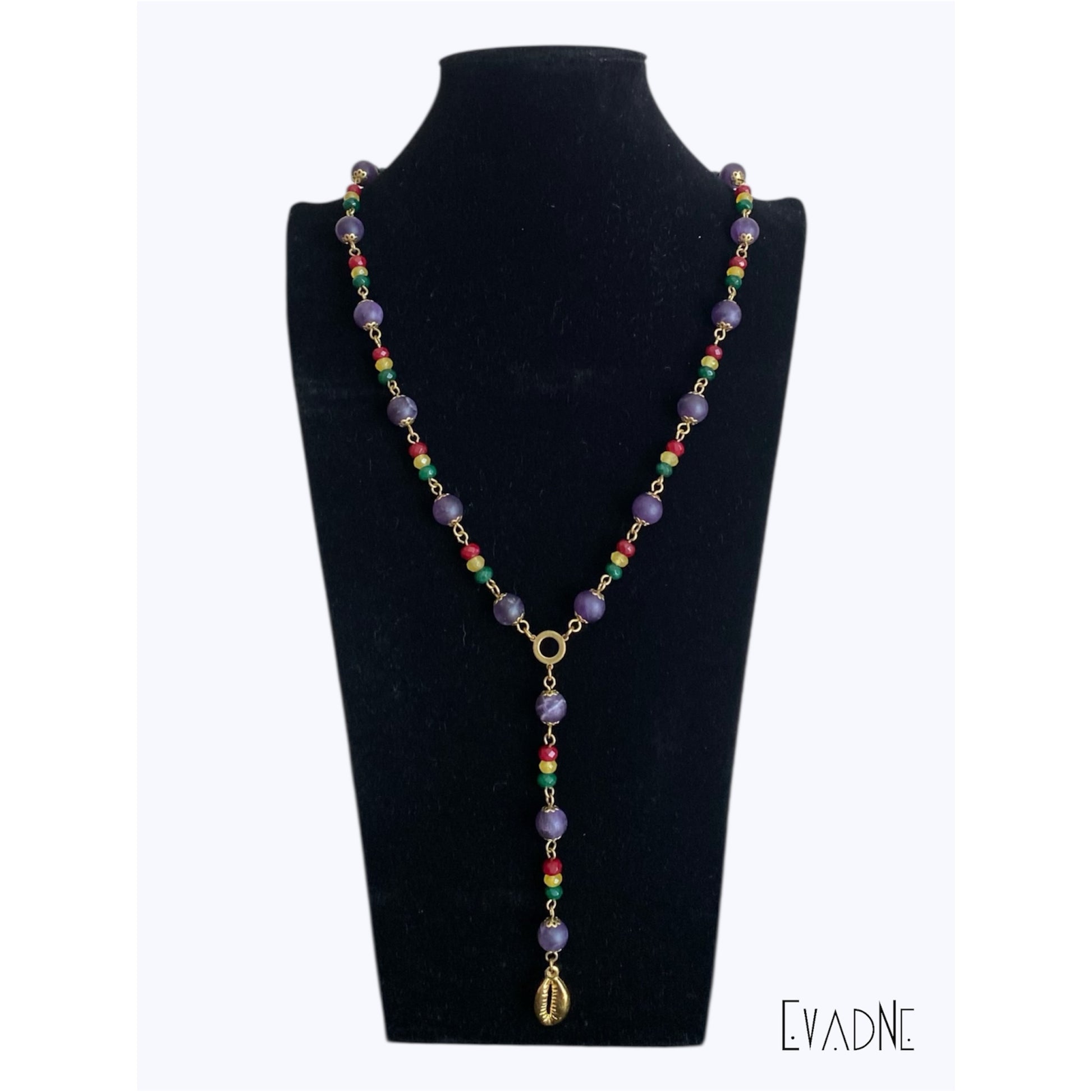 10mm brass capped amethyst beads with red gold green jade accents