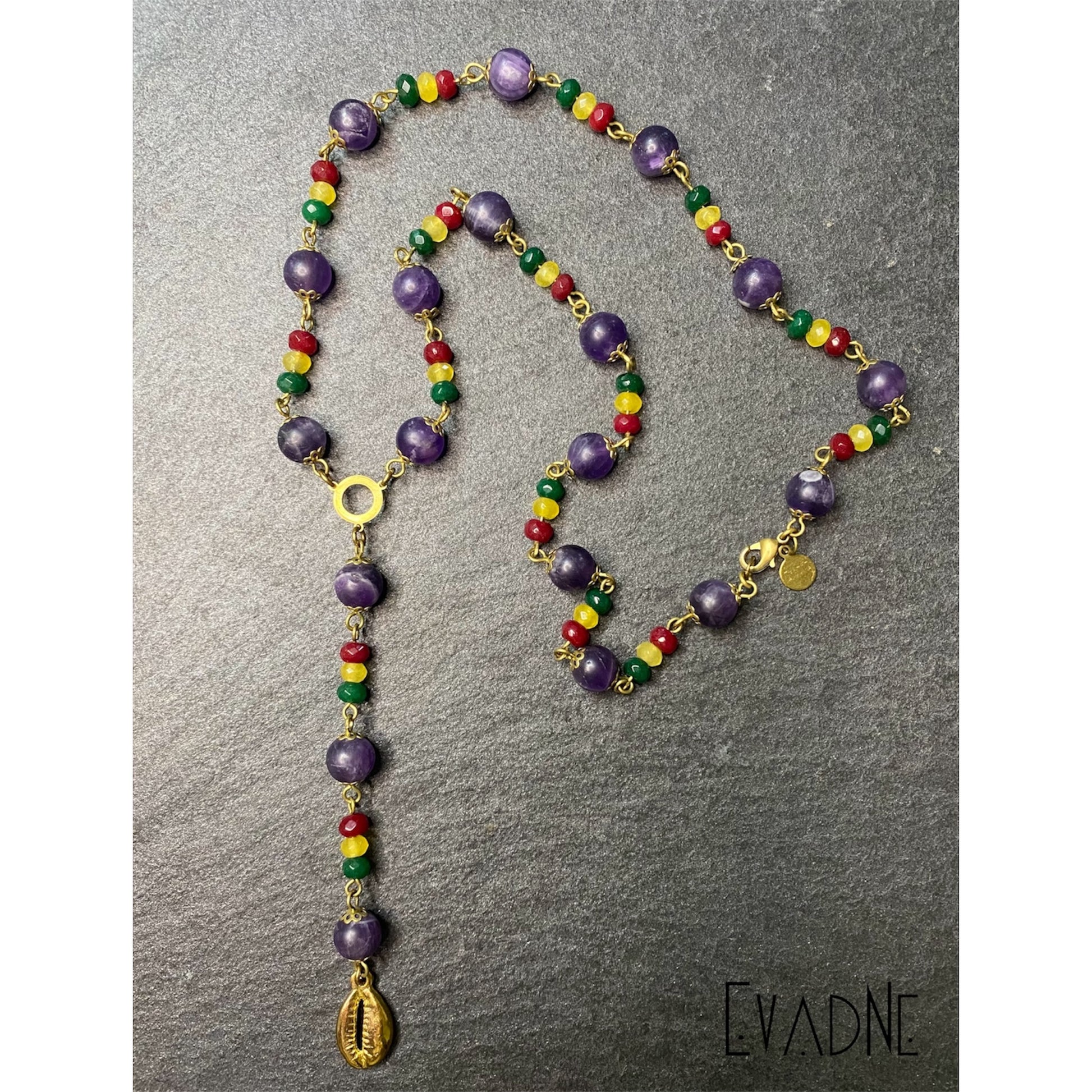 amethyst rosary necklace with Rasta jade and cowrie shell