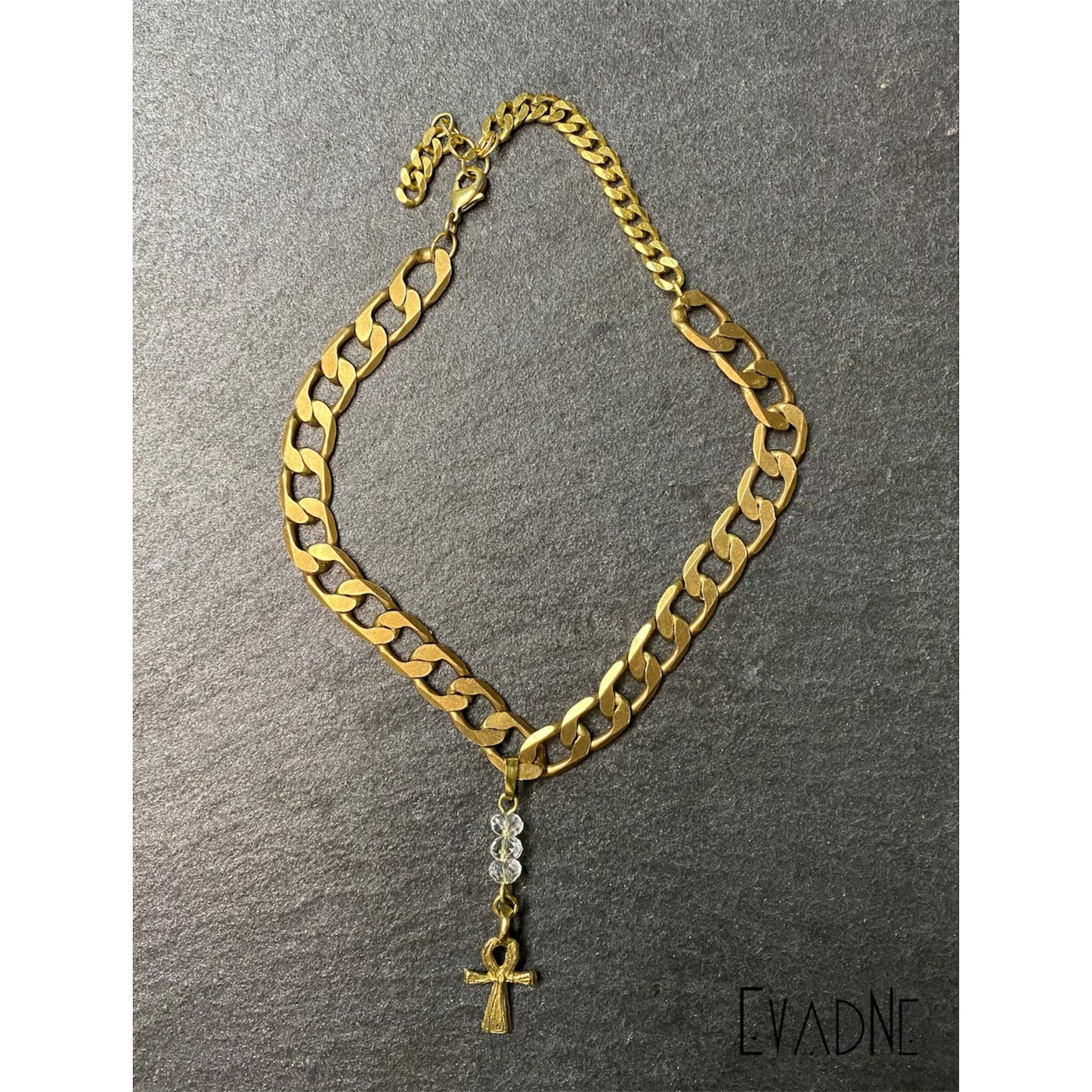 clear quartz ankh choker with vintage brass link chain