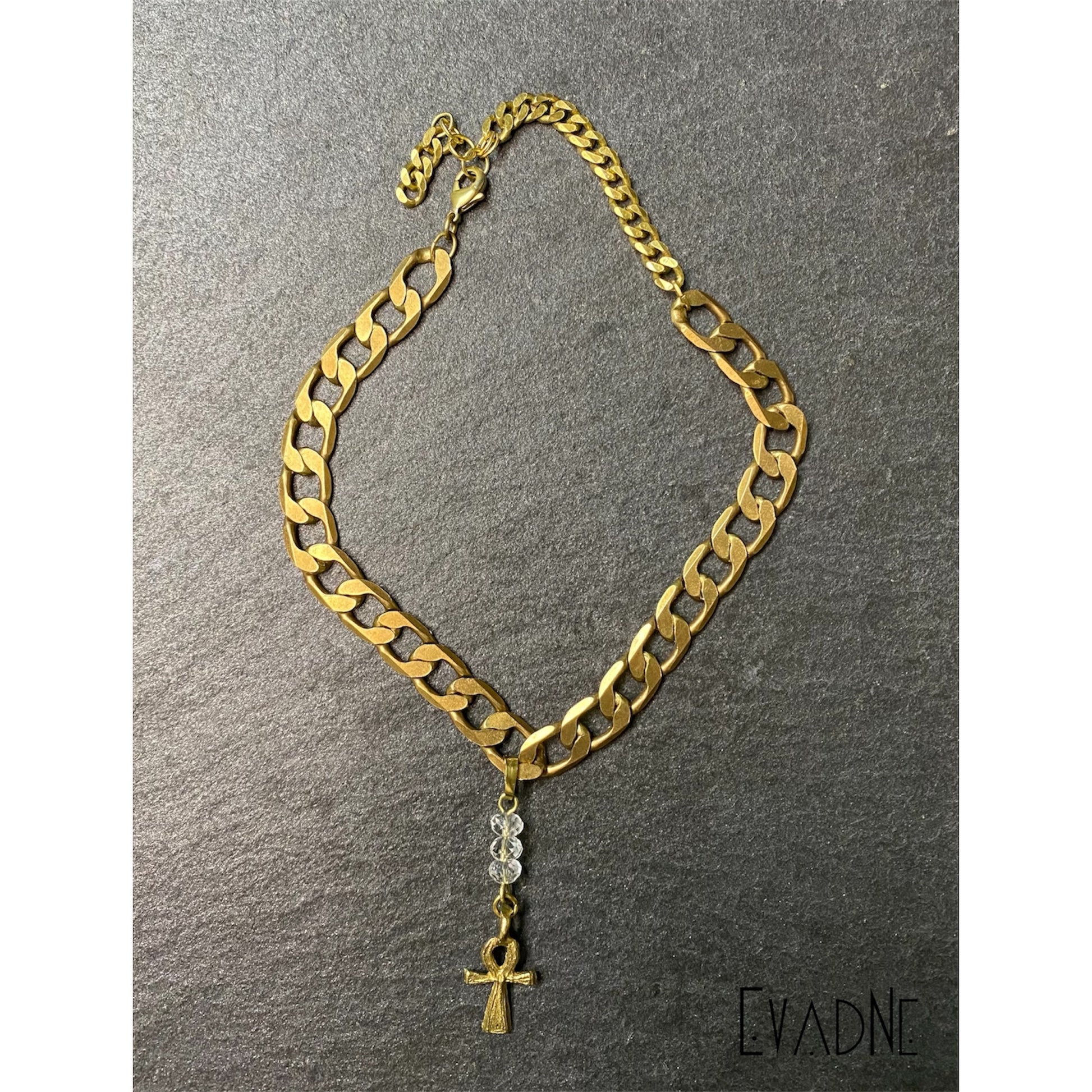 clear quartz ankh choker with vintage brass link chain