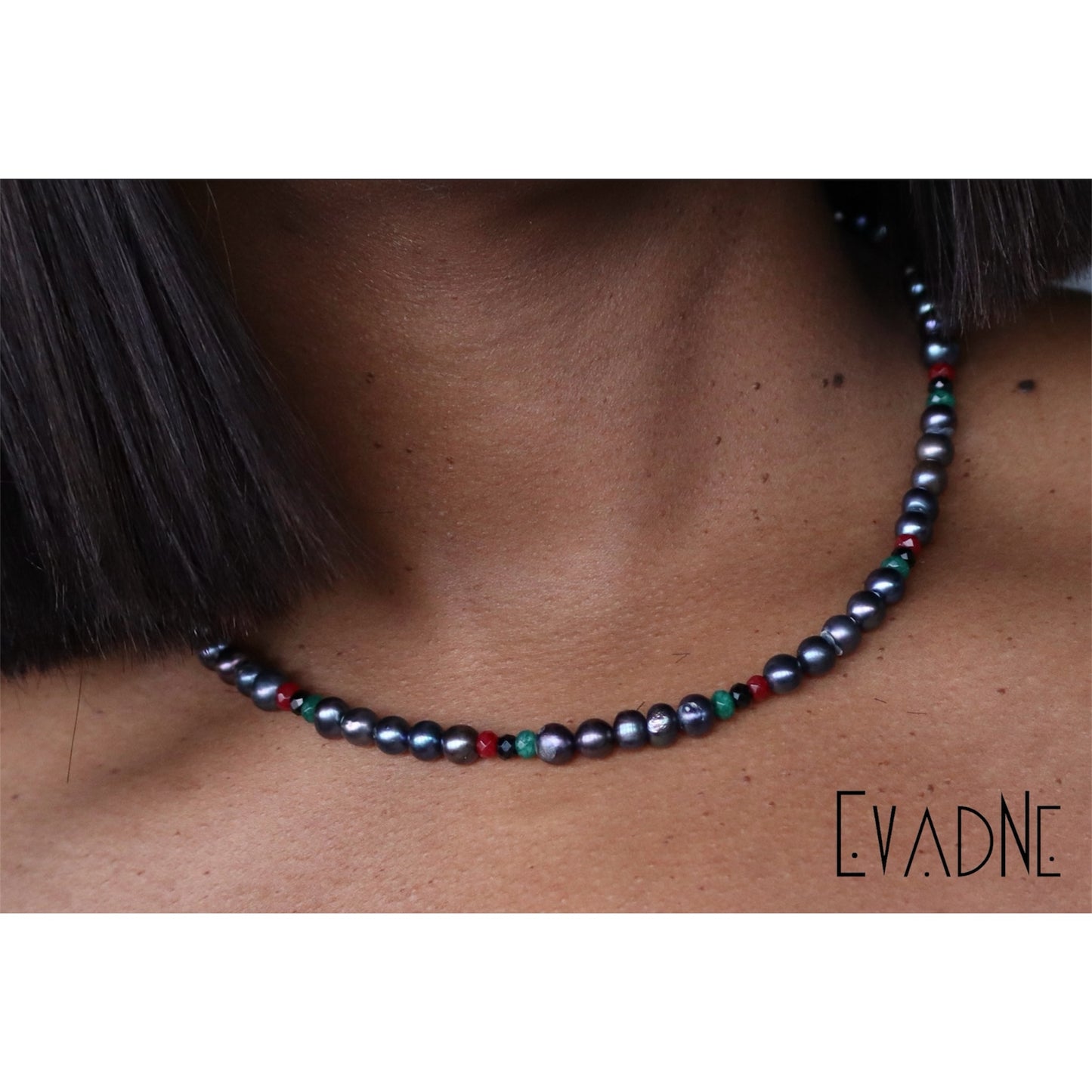 black pearl gemstone necklace worn at the collarbone for quiet luxury