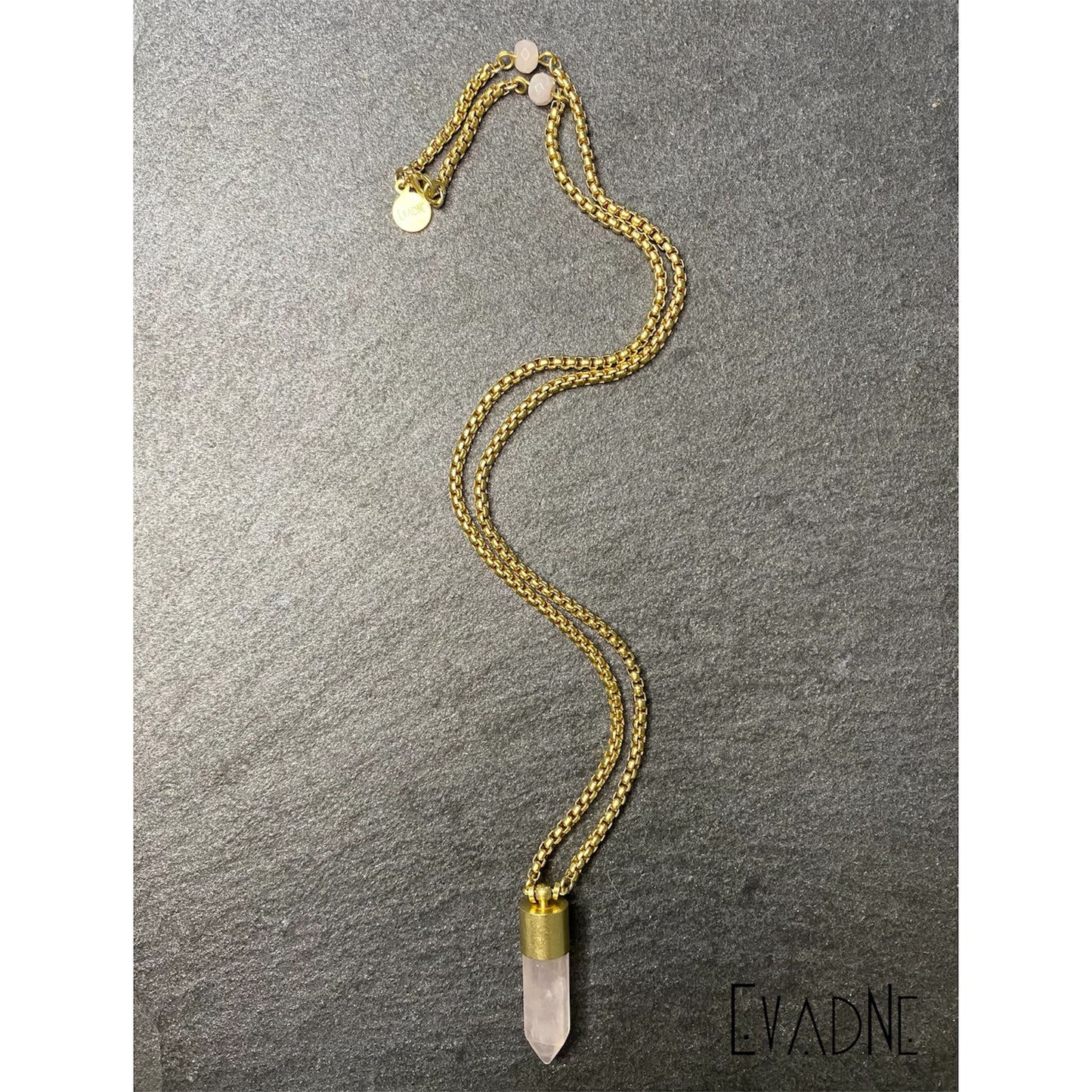 rose quartz crystal necklace with brass box chain