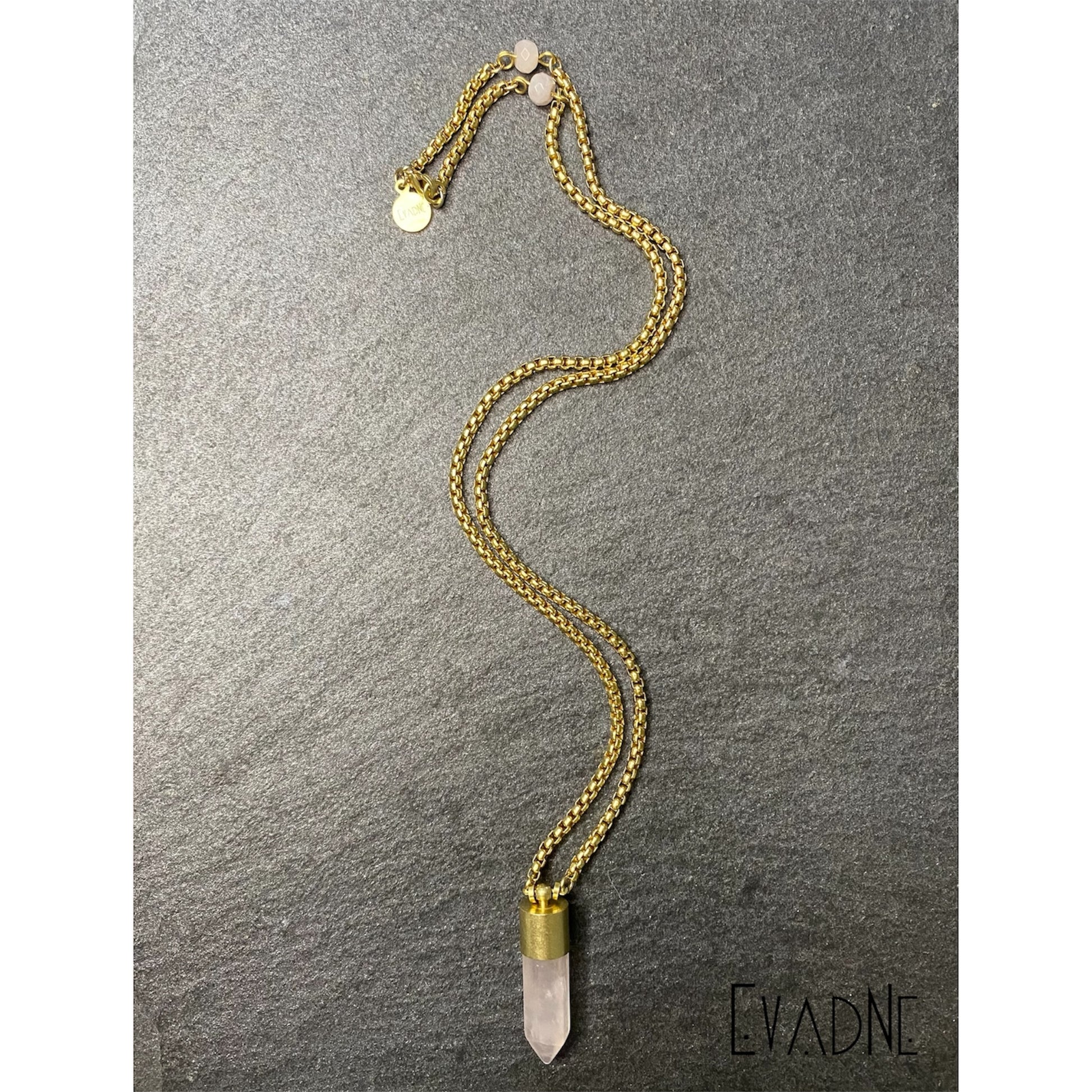 rose quartz crystal necklace with brass box chain