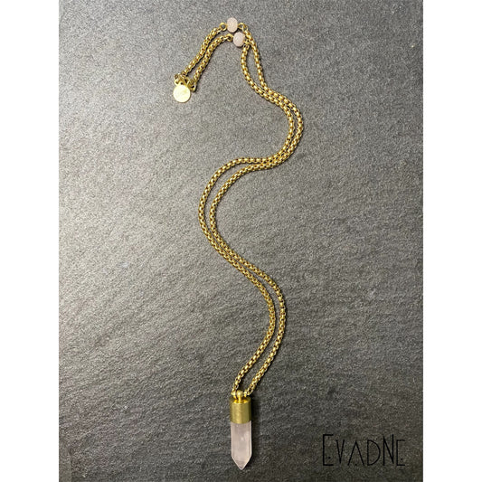 rose quartz crystal necklace with brass box chain