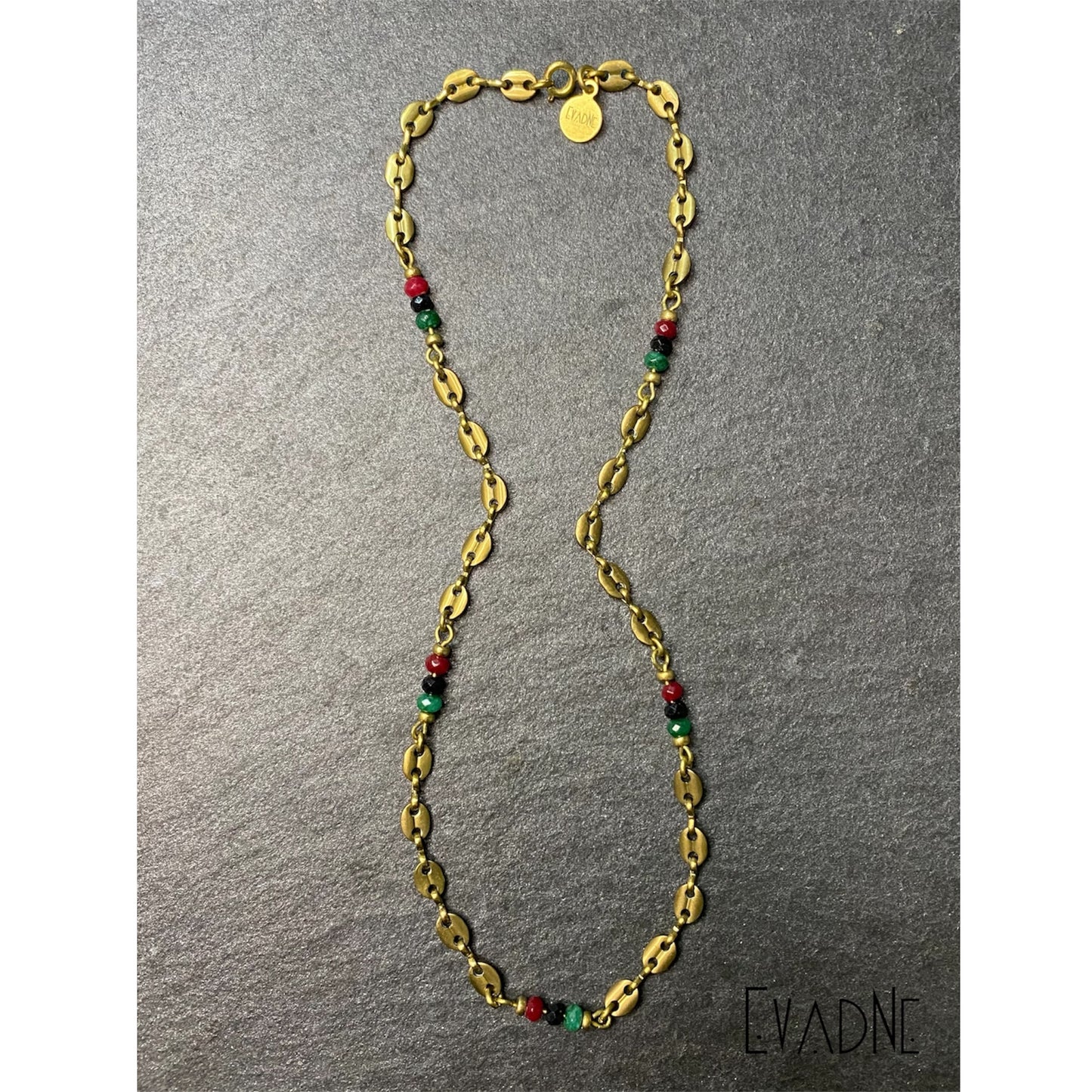 brass Gucci link necklace with jade and black spinel accents