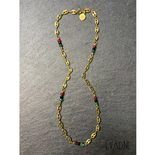 brass Gucci link necklace with jade and black spinel accents