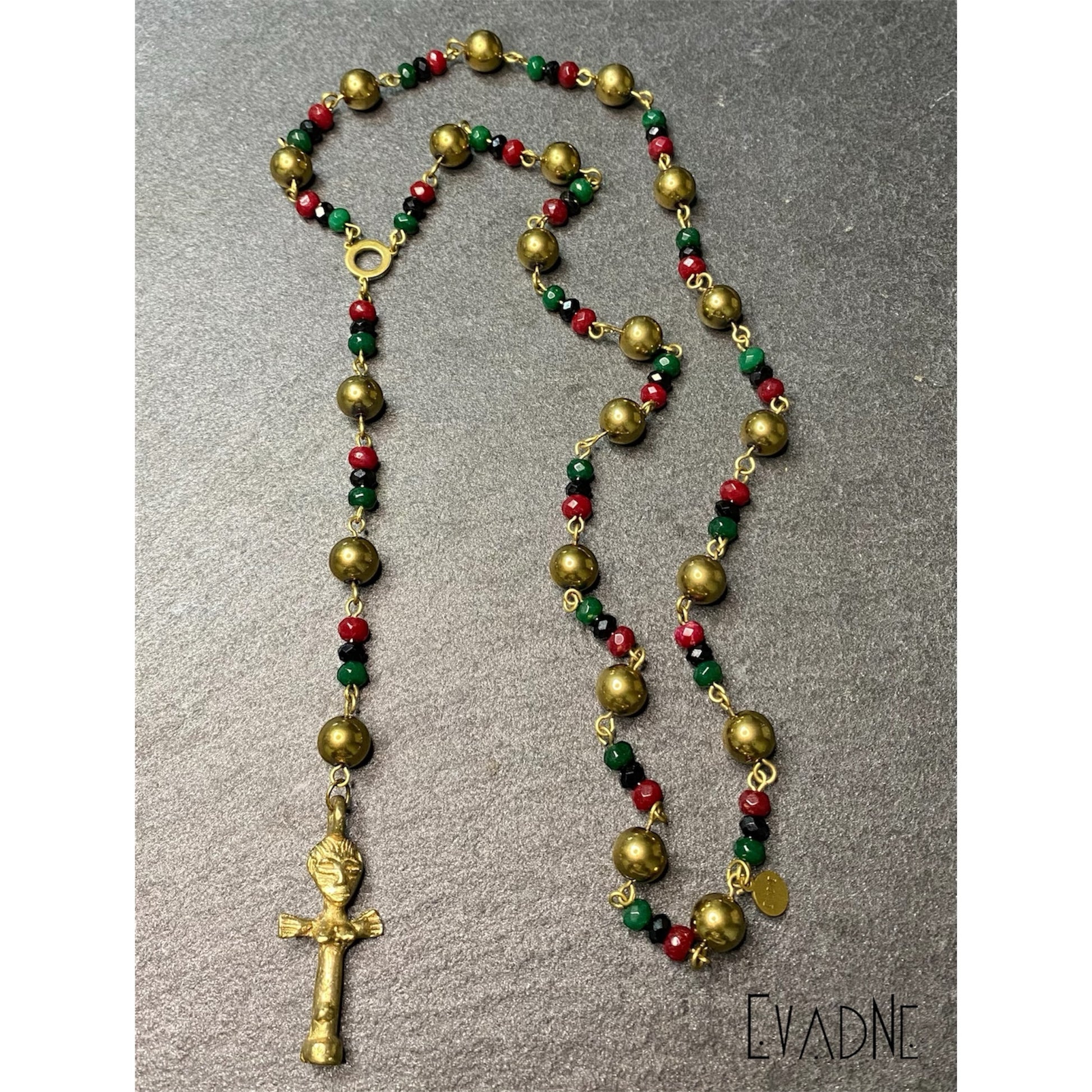 gold hematite rosary necklace with jade spinel and Ashanti fertility charm