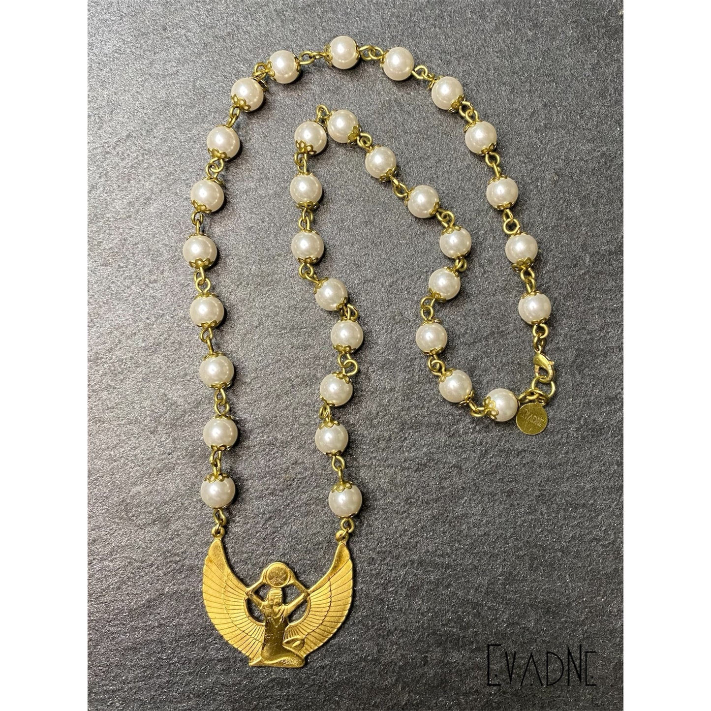 Japanese pearl necklace with brass accents and Isis goddess charm