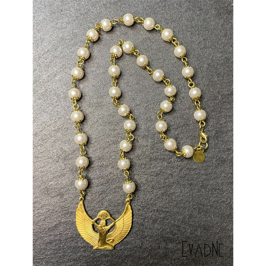 Japanese pearl necklace with brass accents and Isis goddess charm