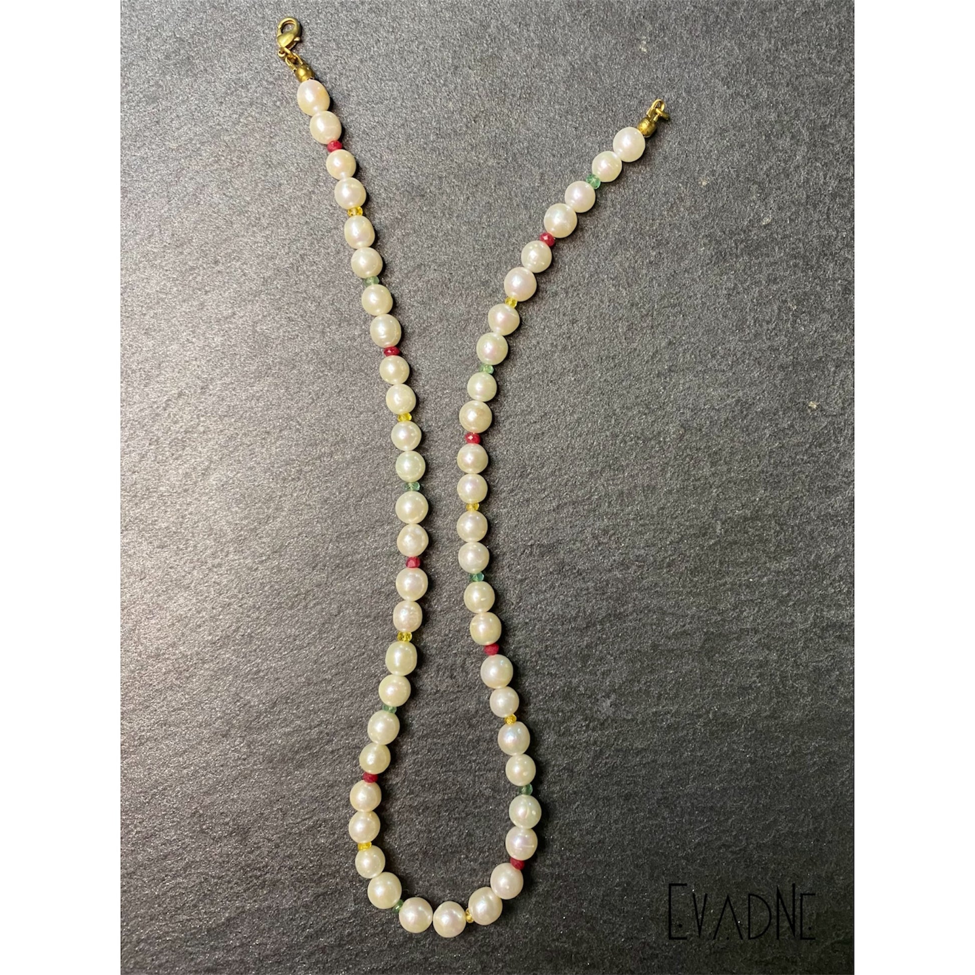 Freshwater pearl necklace with rubies emeralds and sapphires