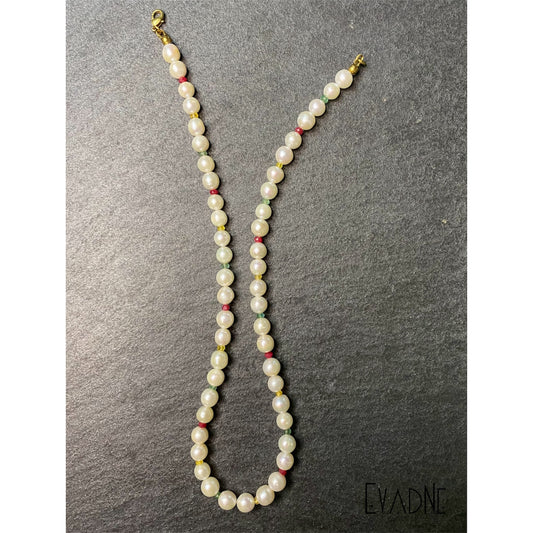 Freshwater pearl necklace with rubies emeralds and sapphires