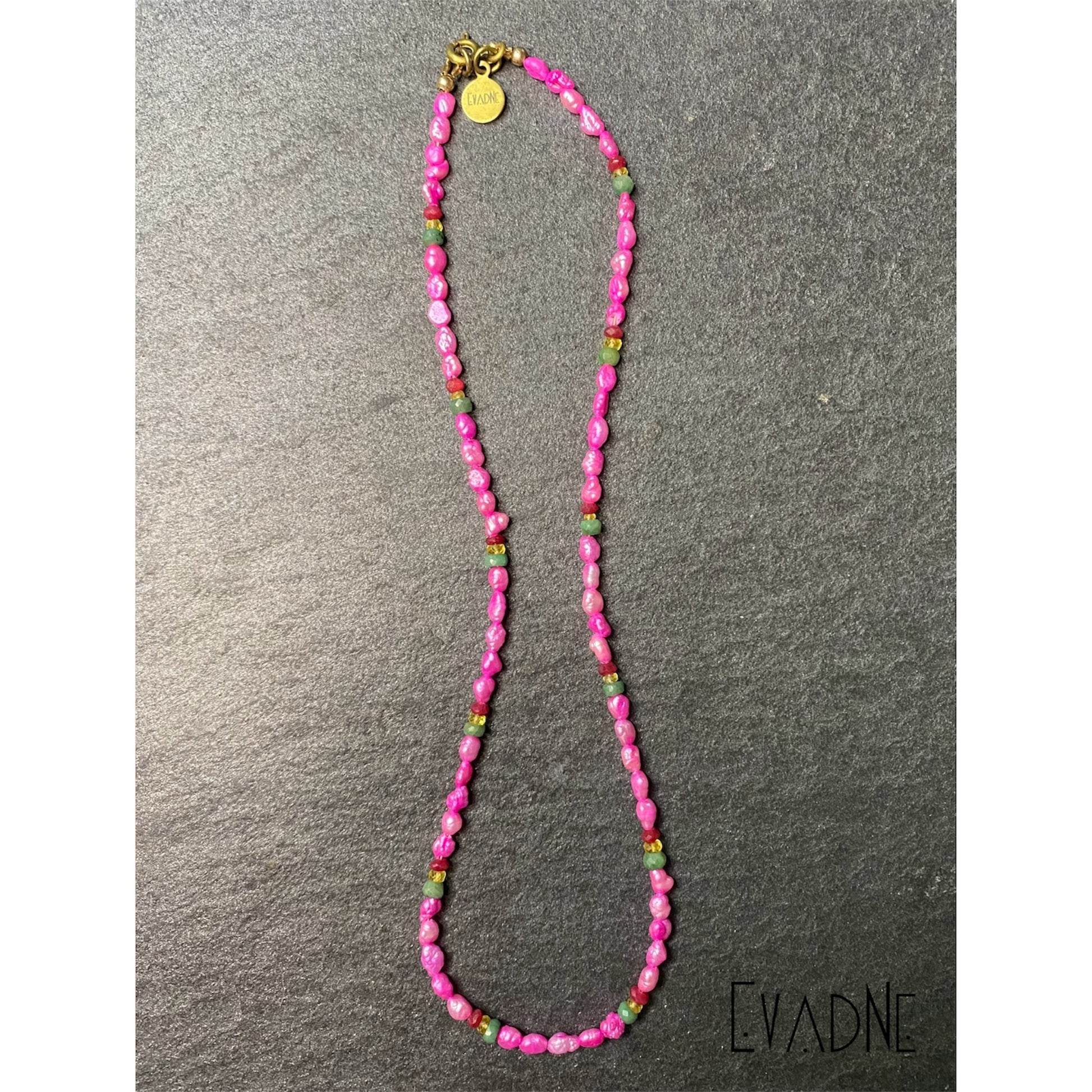 pink Japanese rice pearl necklace with ruby emerald and sapphire accents