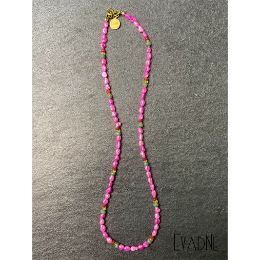 pink Japanese rice pearl necklace with ruby emerald and sapphire accents