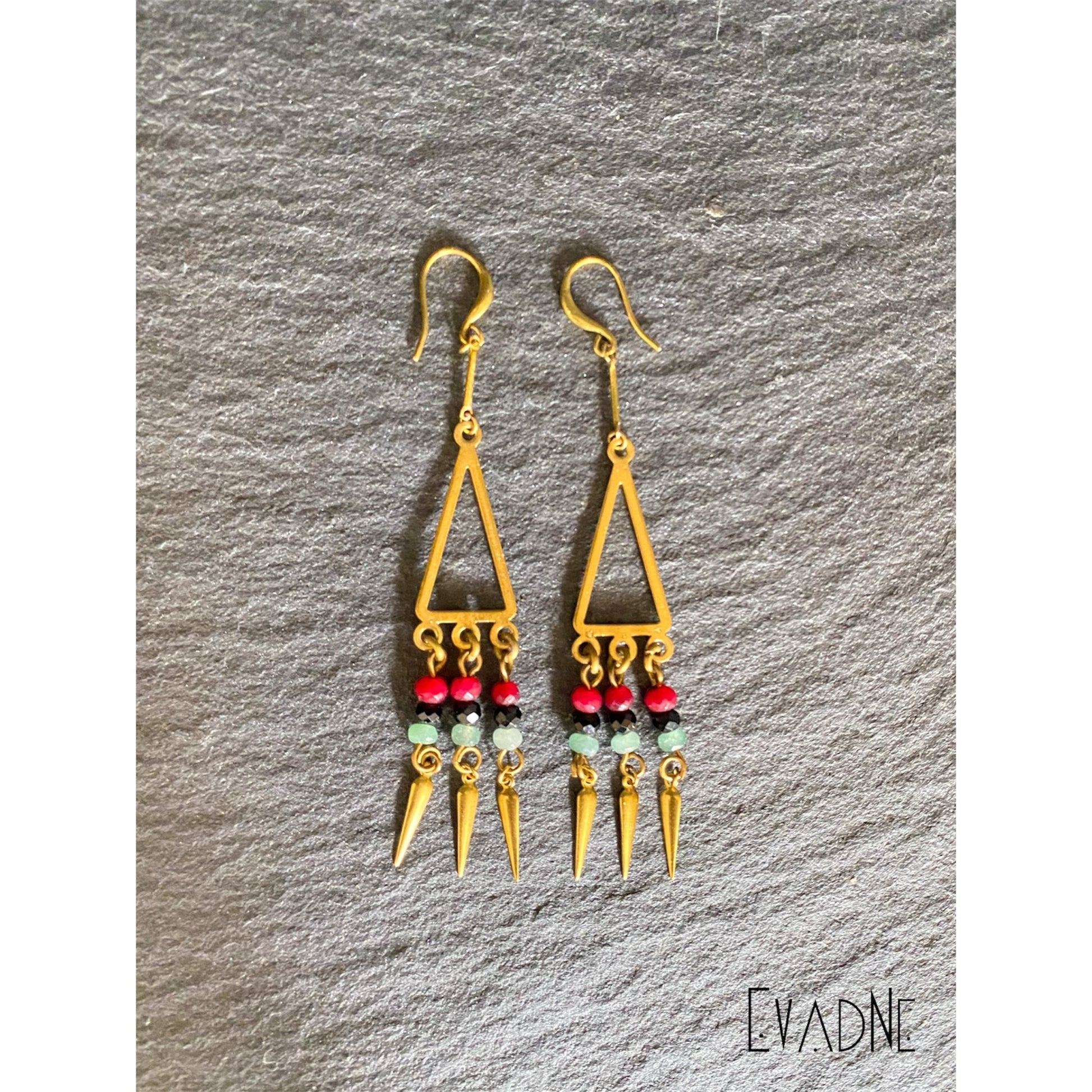 Brass triangle gemstone fringe earrings