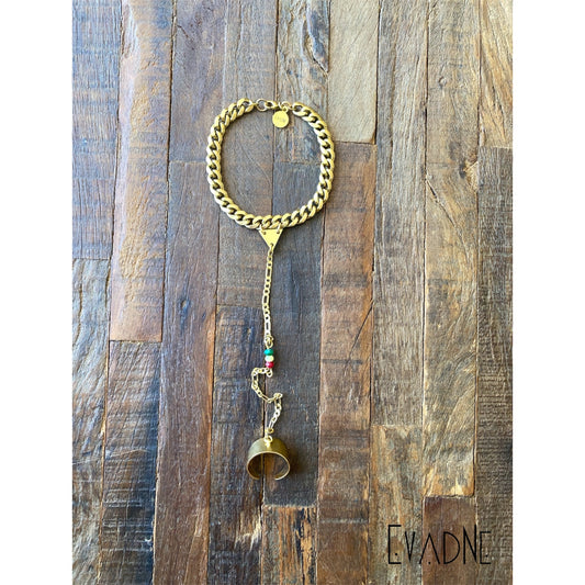 Rasta jade hand chain with brass Cuban and figaro links