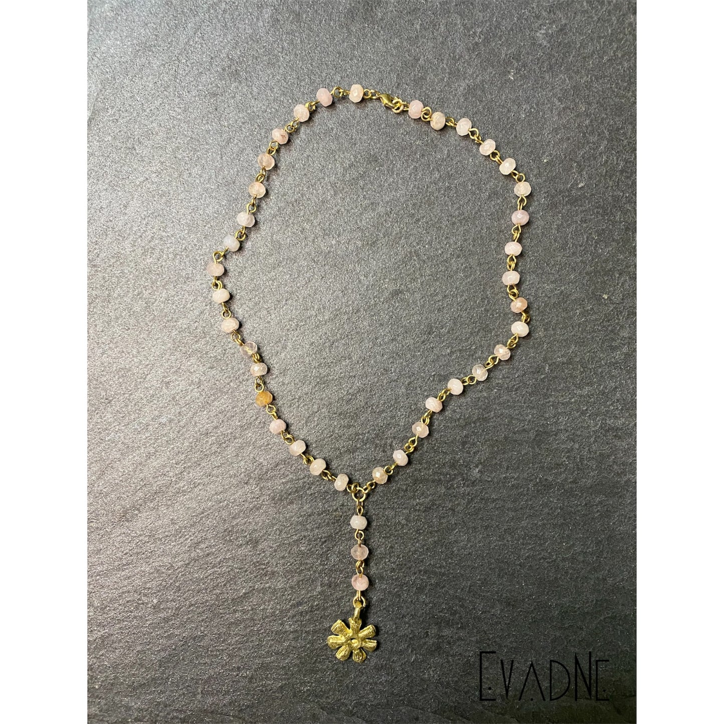 rose quartz lariat necklace with brass Adinkra charm