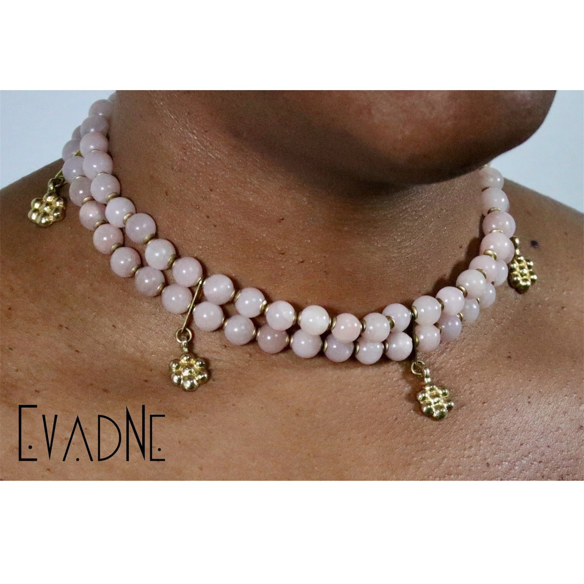 rose quartz heart chakra choker worn at the collarbone