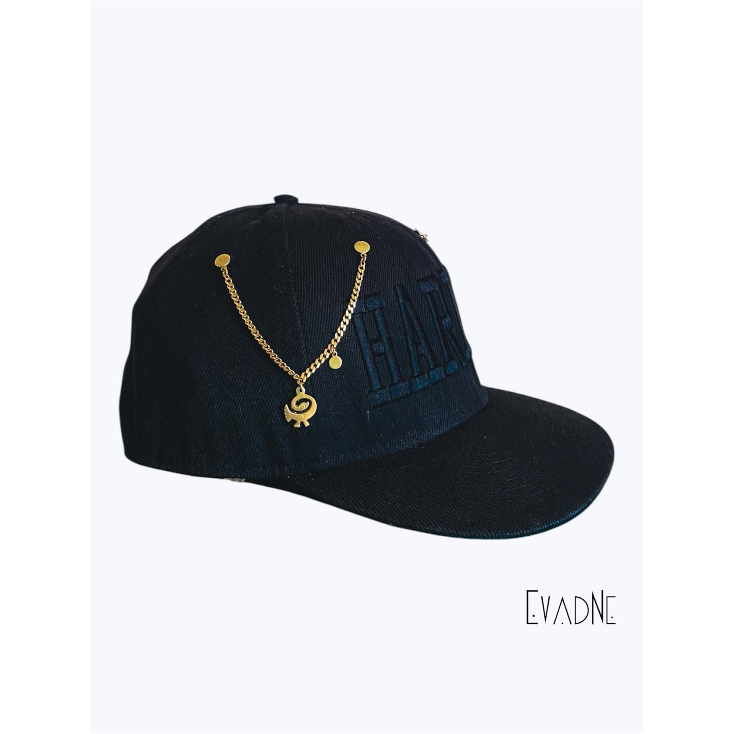 Detail of Sankofa charm on handcrafted brass hat pin chain