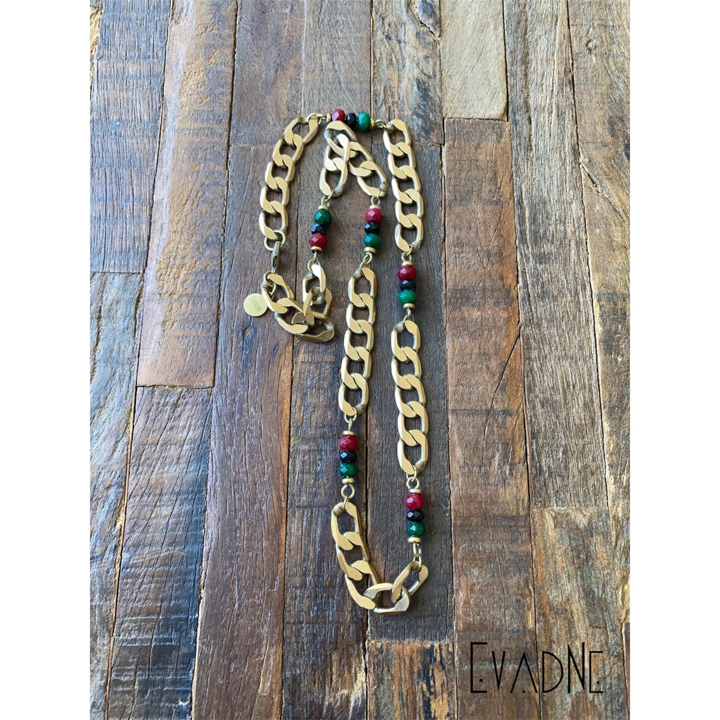 RBG gemstone vintage brass link necklace with jade and black spinel