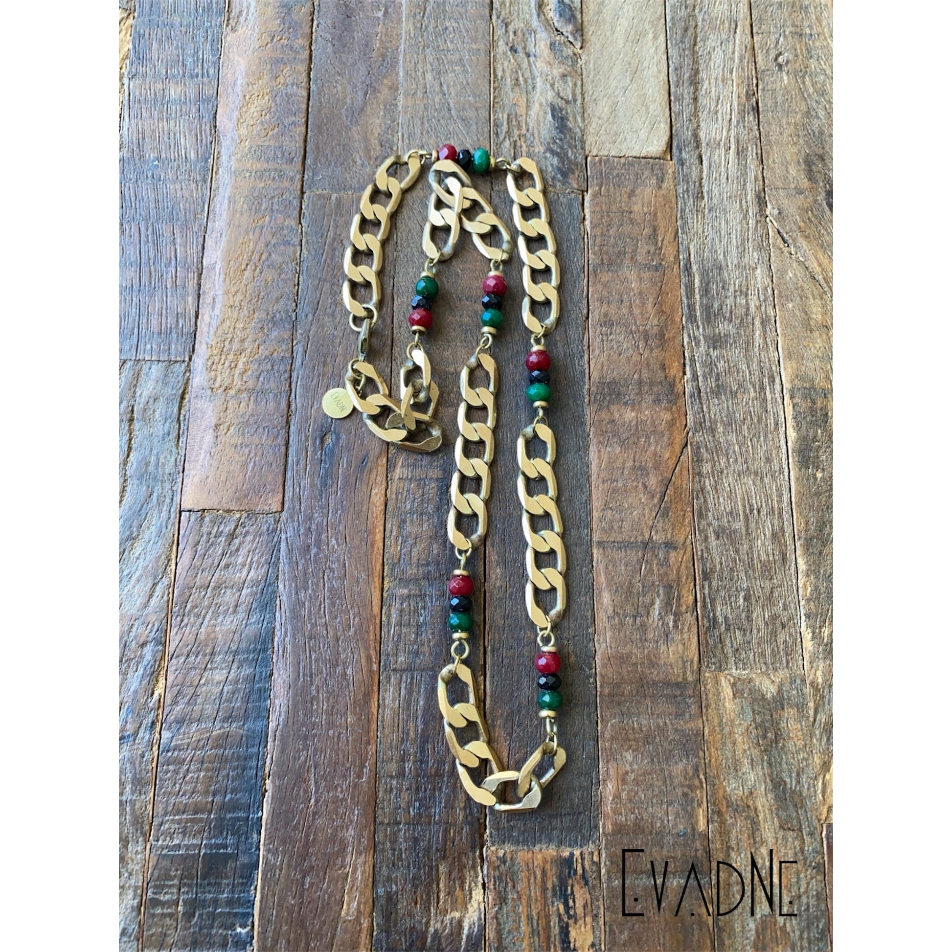 RBG gemstone vintage brass link necklace with jade and black spinel