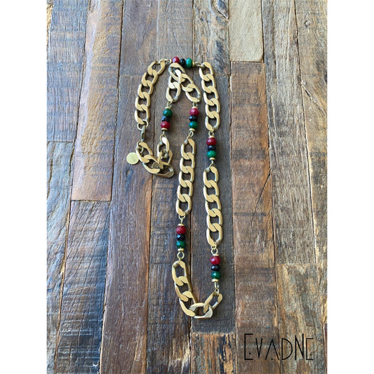 RBG gemstone vintage brass link necklace with jade and black spinel