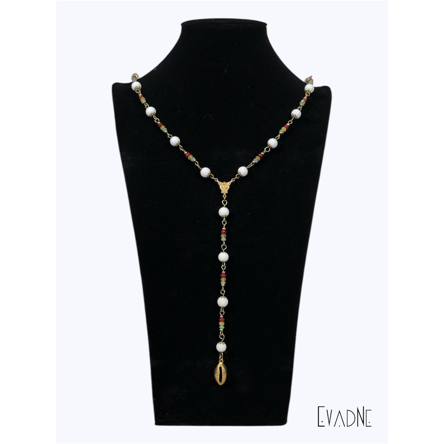 brass capped white agate beads with red gold green jade accents