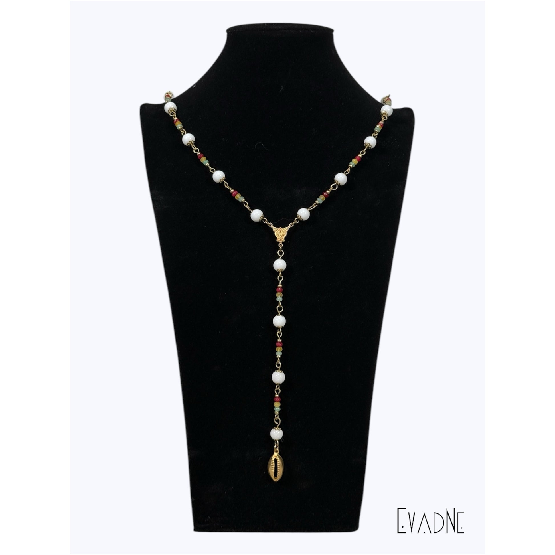 brass capped white agate beads with red gold green jade accents