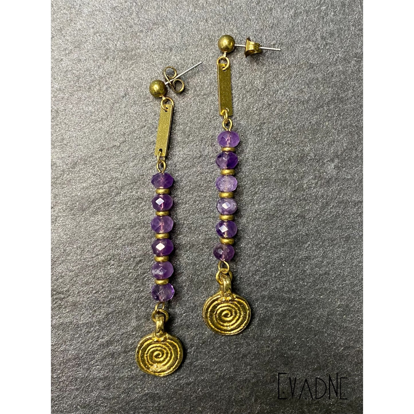 amethyst linear earrings with brass accents