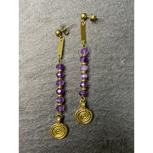 amethyst linear earrings with brass accents
