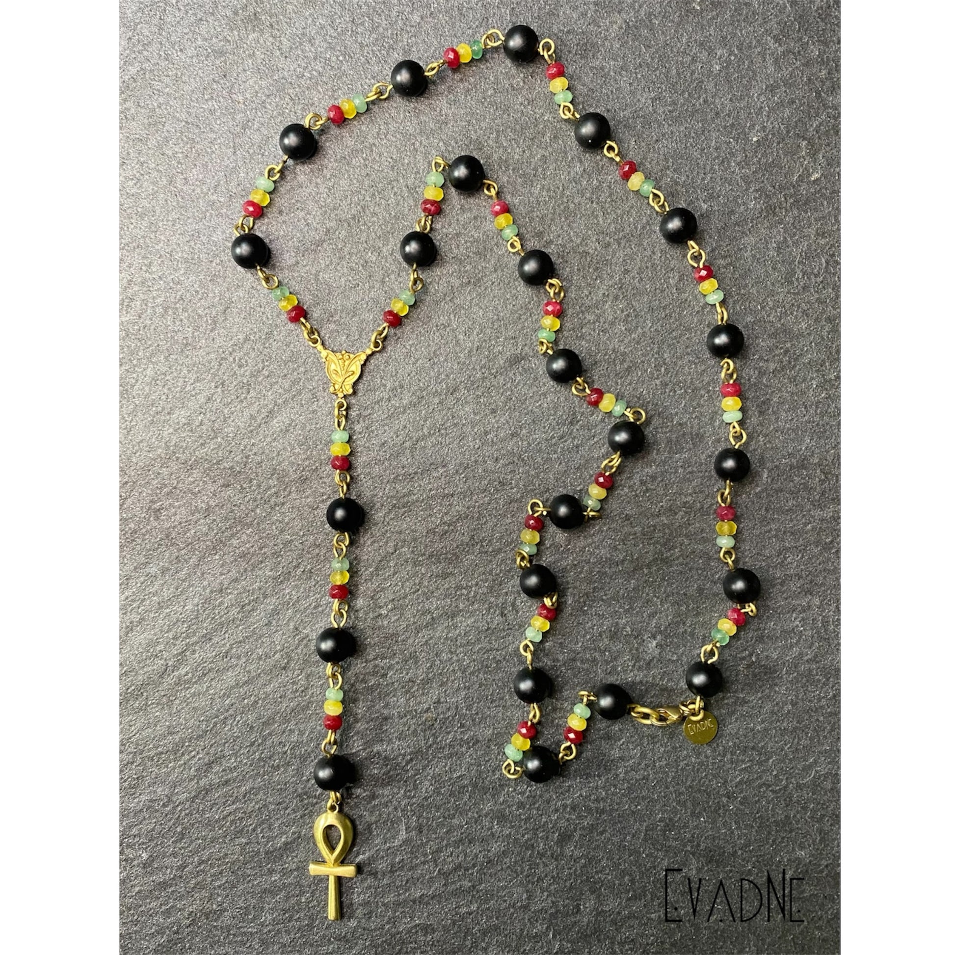 black agate rosary necklace with Rasta jade and ankh charm