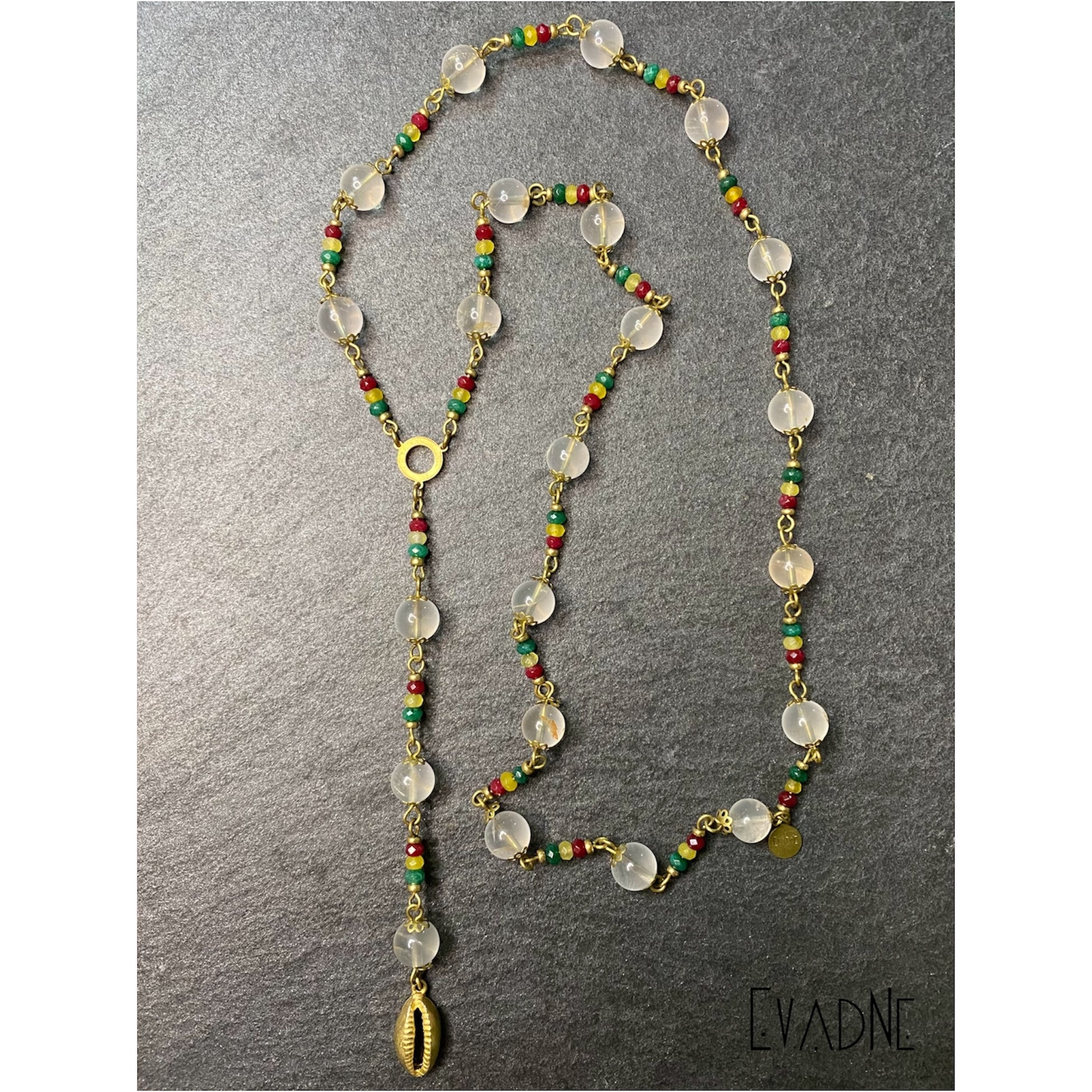 clear quartz rosary necklace with Rasta jade and cowrie shell